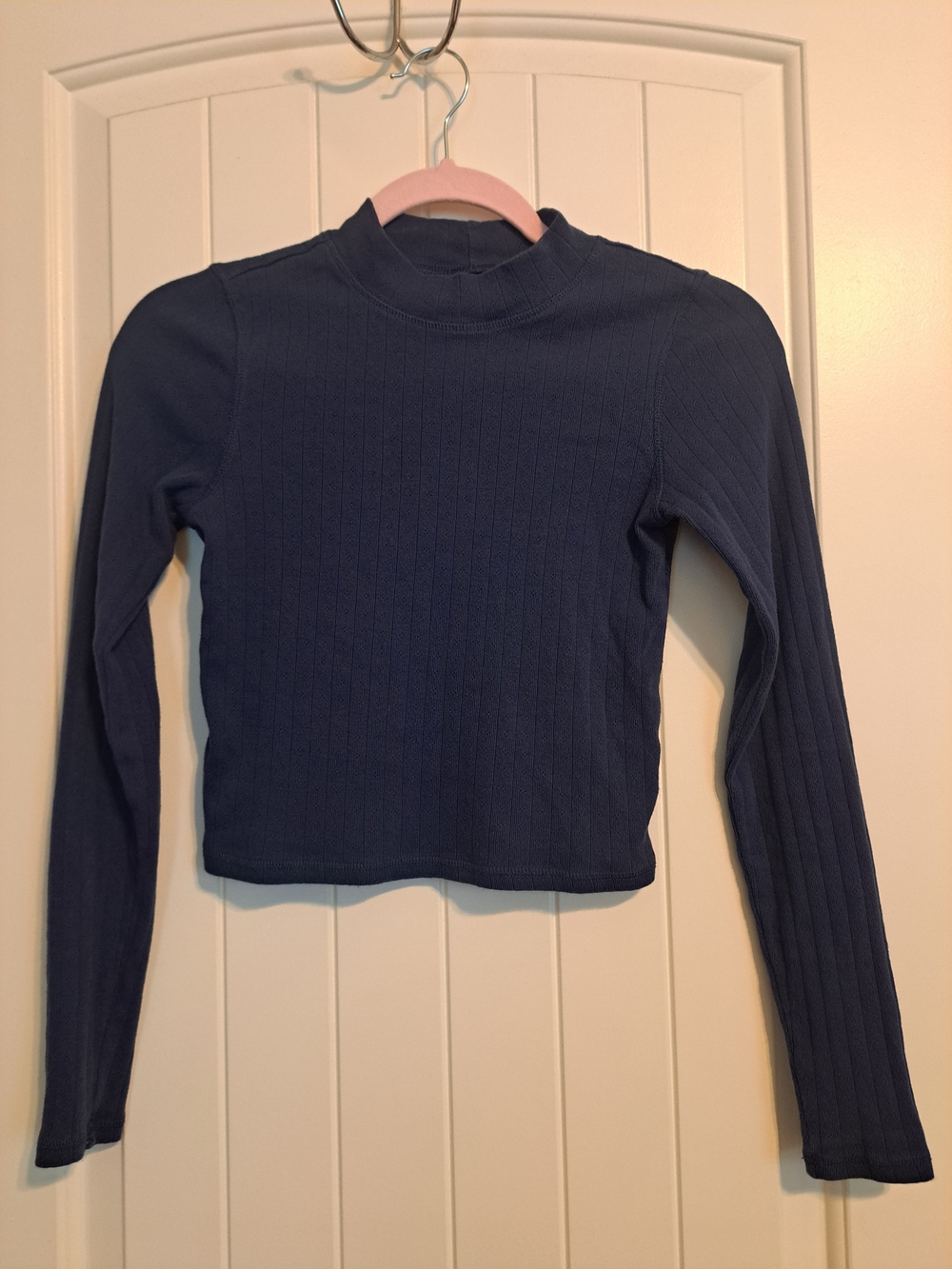 American Eagle 100% Cotton Navy Pointelle Mock Neck Long Sleeve Crop Top XS